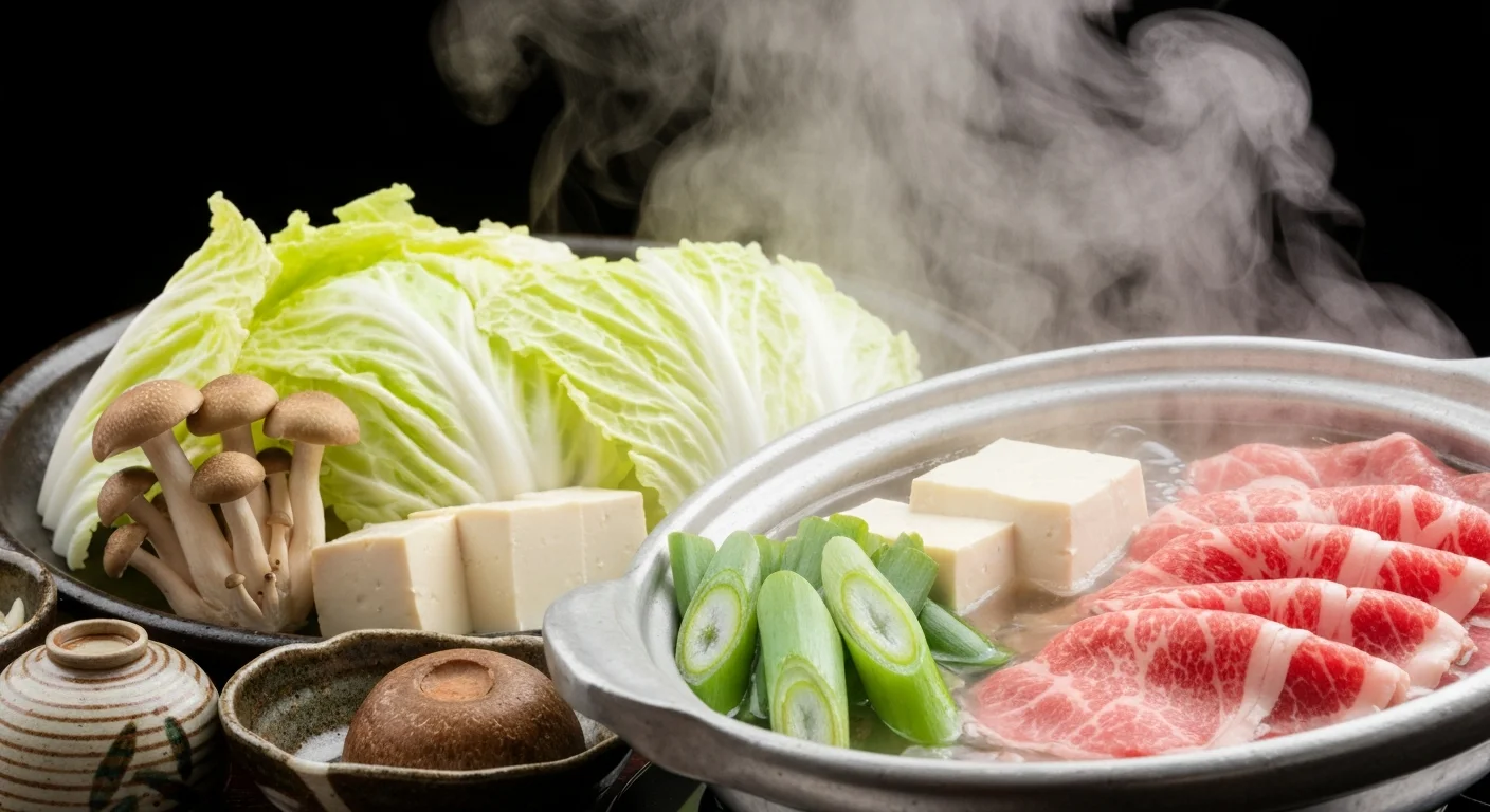 湯気が立つ鍋に具材を入れ、食卓を囲む手元